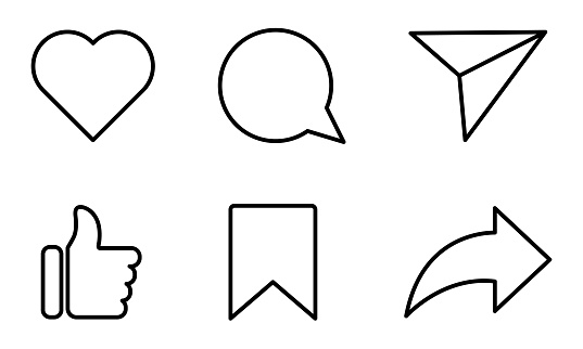 Set of social media icons. Like, share, comment, love, repost and save. Silhouette flat line art symbols