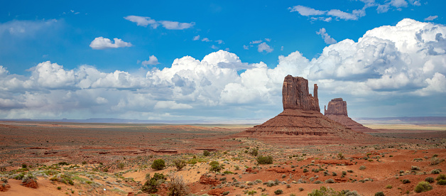 Monument valley landscape, cloudy blue sky, panoramic view. Navajo tribal park, United states of America, Utah, Arizona.