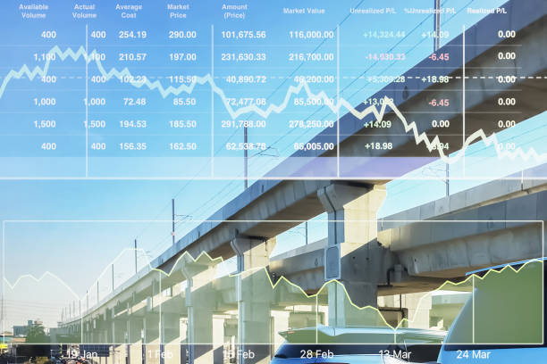 istock Stock financial index with graph and chart on perspective image of elevated sky train track with repeated concrete structure support columns and electric power poles cross over expressway for infrastructure presentation and report background. 1312410194