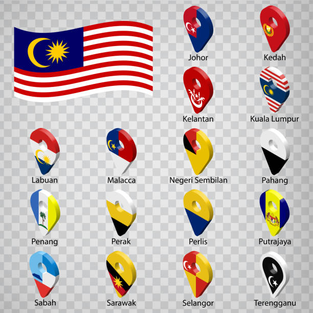 ilustrações, clipart, desenhos animados e ícones de dezesseis bandeiras dos estados da malásia - ordem alfabética com nome.  conjunto de sinais de geolocalização 3d como bandeiras estados da malásia.  dezesseis sinais de geolocalização 3d para o seu projeto. eps10 - sarawak state