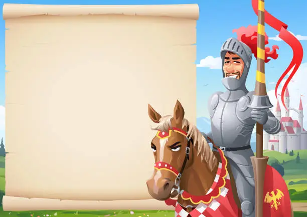 Vector illustration of Knight On A Horse In Front of Parchment