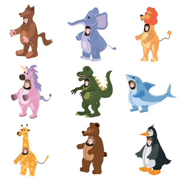 Vector illustration of Set Actors in animal Wolf, Unicorn, Bear, Elepfant, Lion, Shark, Giraffe, Penguin, Dinosaur costume. Theme party, Birthday kid, children animator, entertainer wearing performer character for holiday masquerade, carnival. Vector cartoon flat style