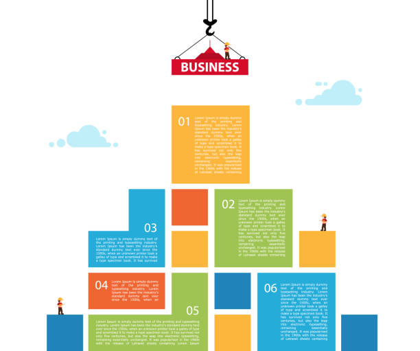 illustrazioni stock, clip art, cartoni animati e icone di tendenza di attività di costruzione infografica. concetto di successo edilizio. gru - construction frame finance development construction