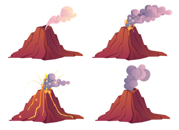 ilustraciones, imágenes clip art, dibujos animados e iconos de stock de etapas de erupción volcánica con lava, fuego y humo - volcano