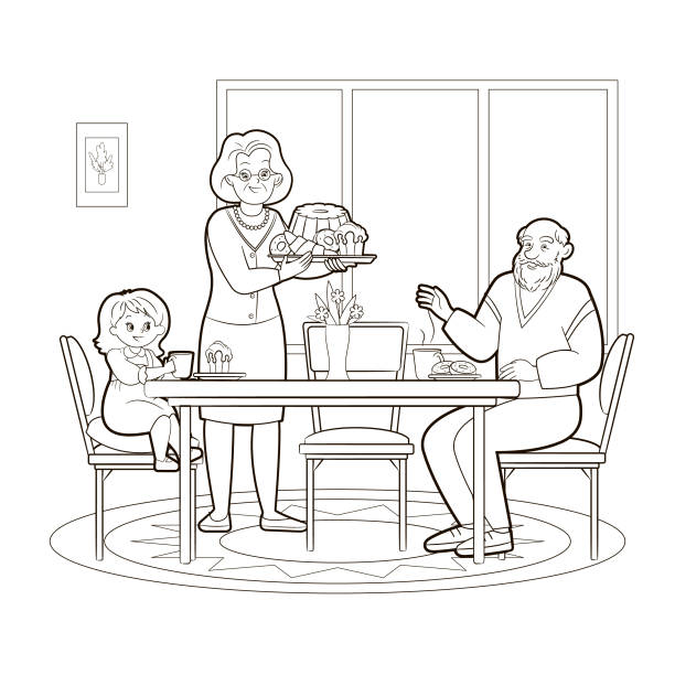 ilustrações de stock, clip art, desenhos animados e ícones de coloring book, grandparents treating granddaughter to tea while sitting at a large table with sweet pastries. vector illustration for children, black and white line art - family mother domestic life food