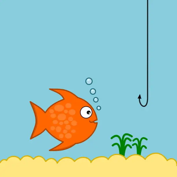 Vector illustration of an orange fish swimming in its aquarium and making bubbles - illustration