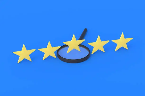 Photo of Stars of rating and magnifying glass. Search for a hotel, restaurant with a high rating. Research on the quality of alcohol. Feedback on an app, movie, or music. The result of work done. 3d rendering