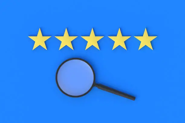 Photo of Stars of rating and magnifying glass. Search for a hotel, restaurant with a high rating. Research on the quality of alcohol. Feedback on an app, movie, or music. The result of work done. 3d rendering