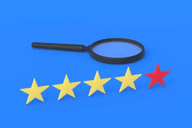 Photo of Stars of rating and magnifying glass. Search for a hotel, restaurant with a low rating. Research on the quality of alcohol. Feedback on an app, movie, or music. The result of work done. 3d rendering