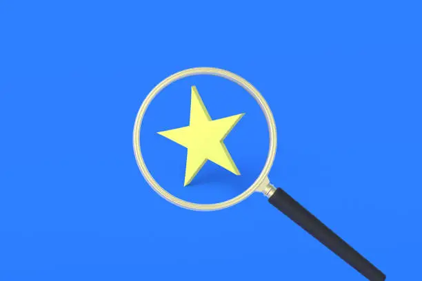 Photo of Star of rating in magnifying glass. Search for a hotel, restaurant with a low rating. Research on the quality of alcohol. Feedback on an app, movie, or music. The result of work done. 3d rendering