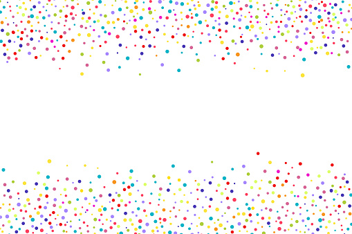 Frame of multicolored dots confetti top and bottom on a white background. Chaotic spots or seamless dots. Tiny droplets of different sizes on an abstract ornament. Background for postcards, design.