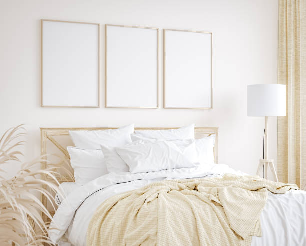 istock Mockup frame in farmhouse style bedroom interior background 1312424209