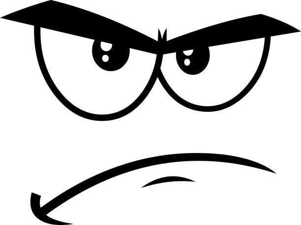 Outline Grumpy Cartoon Funny Face Expression With Frown Eyebrows And Curved Mouth vector art illustration