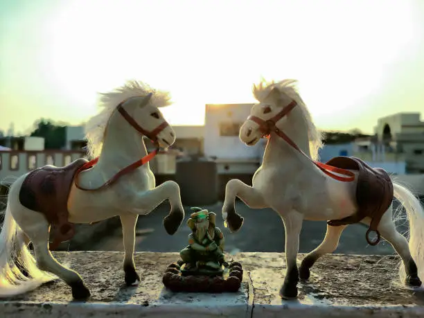 Photo of Stock photo of two white color plastic horse toy kept on floor under bright sunlight on blur background at Gulbarga Karnataka India.