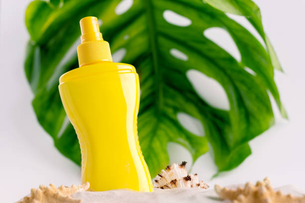 istock Sunscreen spray bottle on a sandy beach with different seashells against big monstera leaf background. 1312432223