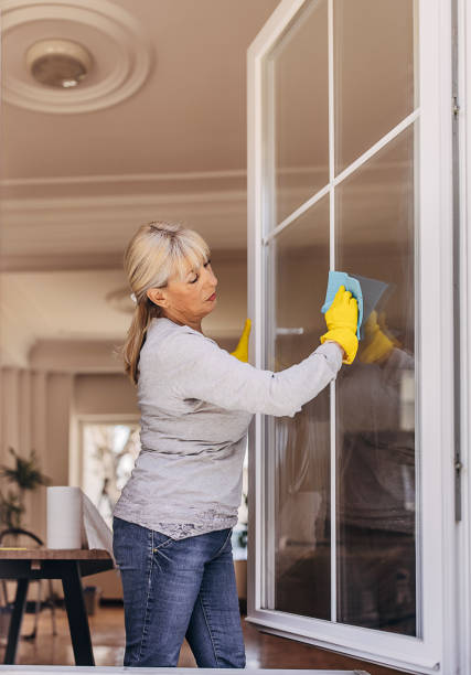 istock Female cleaning window glass 1312436189