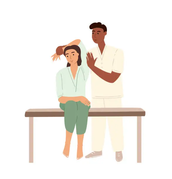 Vector illustration of Professional male osteopath bonesetter making massage to woman.Spine Adjustment.Rehabilitation therapy or manual therapy.Chiropractor working.Flat vector cartoon illustration isolated,white background