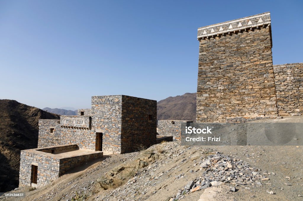 The village of Thee Ain in Al-Baha, Saudi Arabia is a unique heritage site that includes old archaeological buildings Ancient Stock Photo