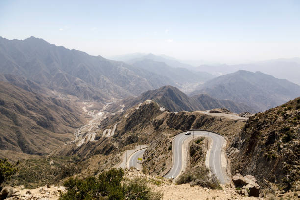 Steep, winding road to the high plateau of Abha in the southeast of Saudi Arabia stock photo