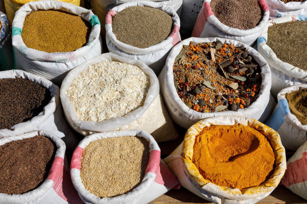 Close-up of spices being sold in a market in Abha, Saudi Arabia stock photo
