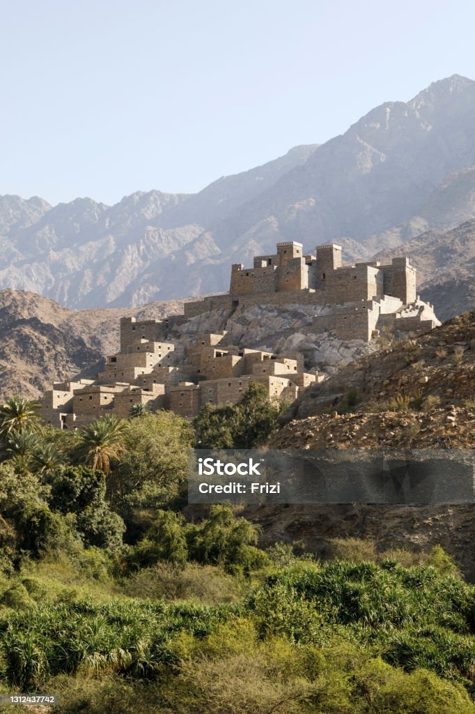 The village of Thee Ain in Al-Baha, Saudi Arabia is a unique heritage site that includes old archaeological buildings Ancient Stock Photo