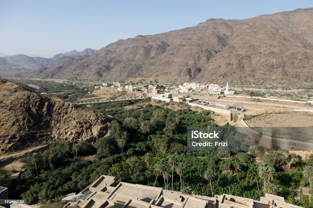 View from the Thee-Ain heritage site in Al-Baha, Saudi Arabia towards the village of the same name Saudi Arabia Stock Photo
