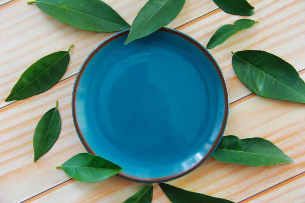 istock blue ceramic plate and green leaves 1312437948