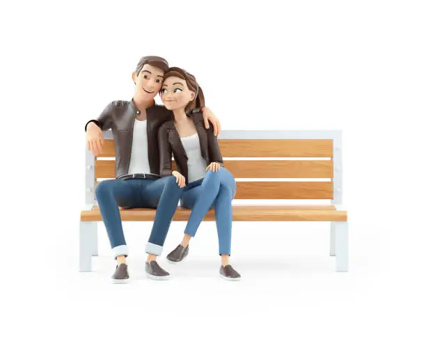 Photo of 3d cartoon couple in love sitting on public bench