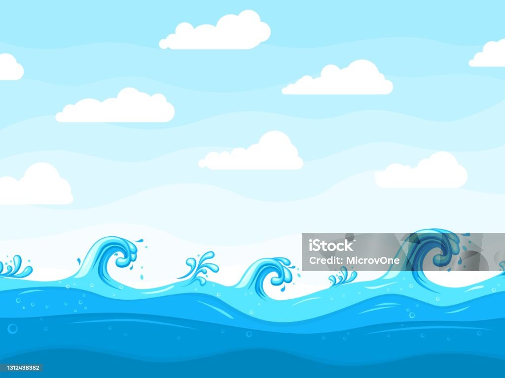 Sea Waves Background Ocean Wave Pattern Water Surface Or Beach Landscape  Cartoon Sky White Clouds Blue Splashes Recent Vector Illustration Stock  Illustration - Download Image Now - iStock