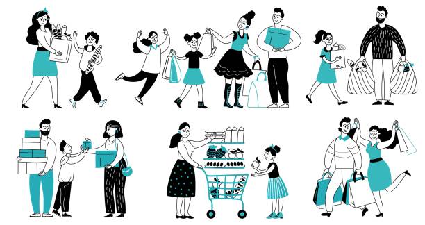 Family shopping. Consumer buy in supermarket, people running to shop. Women consume, shopper with cart buying decent goods vector characters Family shopping. Consumer buy in supermarket, people running to shop. Women consume, shopper with cart buying decent goods vector characters. Illustration people family in supermarket supermarket family retail cable car stock illustrations