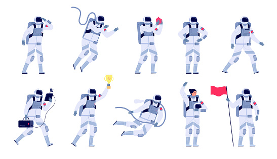 Astronaut characters. Cosmonaut motion work, astronauts with helmet and flag. Space suit, isolated spaceman flying to planets utter vector set. Illustration astronaut and cosmonaut, spaceman character
