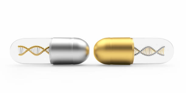 istock Gold and silver medical capsules with DNA spirals. 1312439999