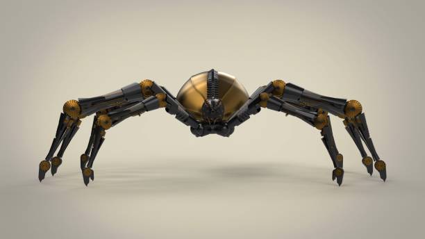 Sci-fi robo spider 3d image Sci fi modern black robot spider with golden elements isolated on brown solid background 3d rendering image concept robot spider stock pictures, royalty-free photos & images