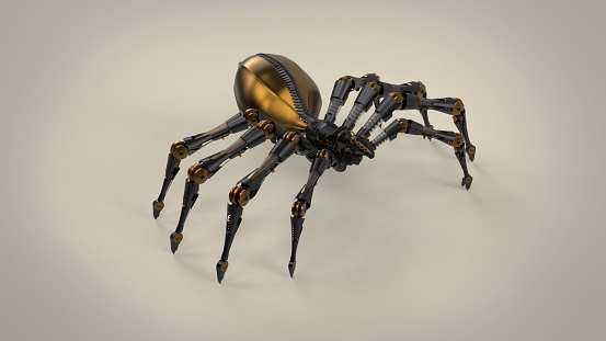 Sci fi modern black robot spider with golden elements isolated on brown solid background 3d rendering image concept