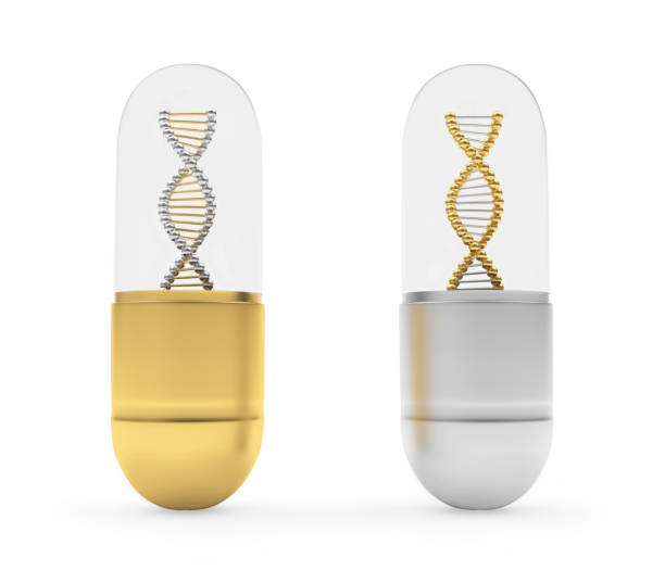 istock Gold and silver pills with DNA spirals. 1312440905