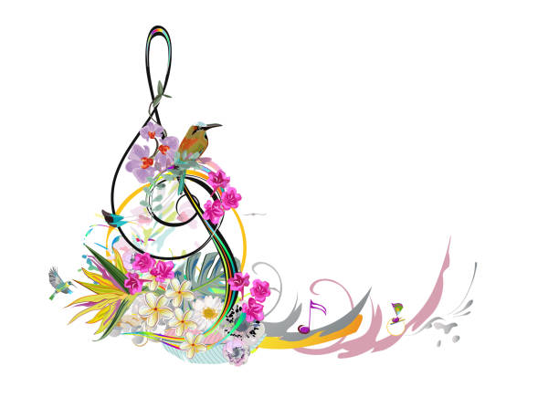 Abstract treble clef decorated with summer and spring flowers, palm leaves, notes, birds. Abstract treble clef decorated with summer and spring flowers, palm leaves, notes, birds. Hand drawn musical vector illustration. guitar borders stock illustrations