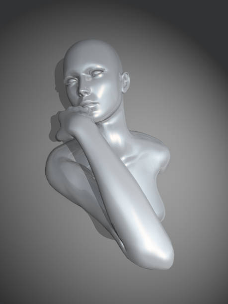 istock 3D modern art background with female figure in metallic silver 1312441352