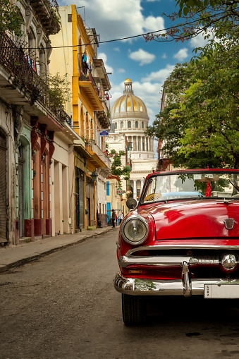 A true postcard from Havana, Cuba with a vintage car and the Capitolium Building in the background