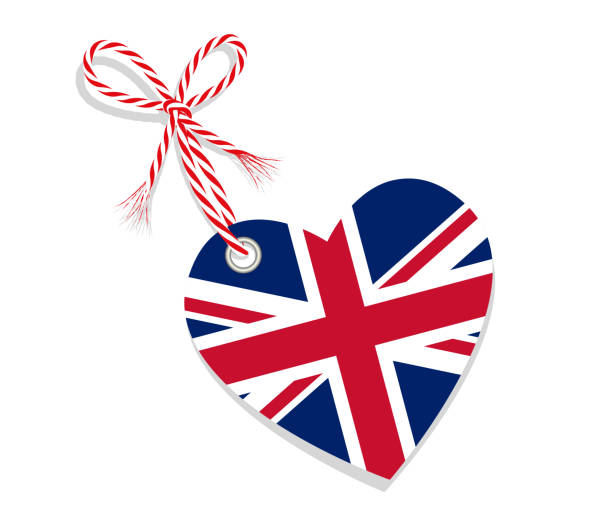 ilustraciones, imágenes clip art, dibujos animados e iconos de stock de bandera como un corazón "i love united kingdom" con una cuerda de cordón, ilustración vectorial aislada sobre fondo blanco - insignia british flag coat of arms uk