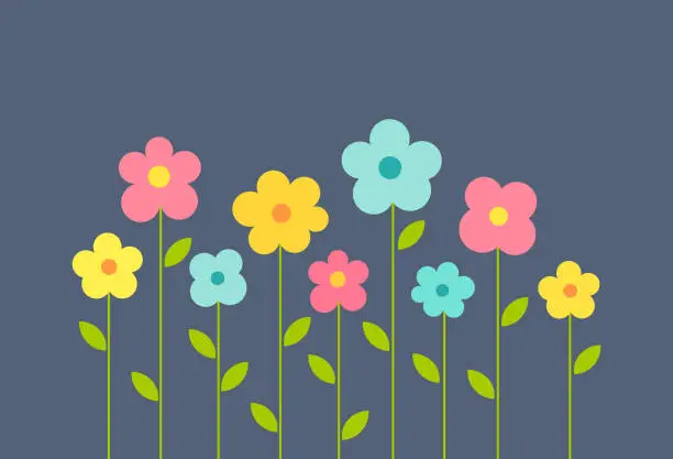 Vector illustration of Colorful flowers background. Cute summer flowers growing in the garden. Vector illustration.