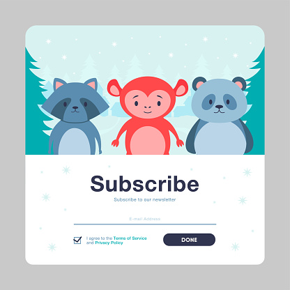 Subscribe cartoon vector mailout template with animals. Online newsletter with cute wild animals and submit button in flat colorful design. Animal, nature concept for website design or landing page