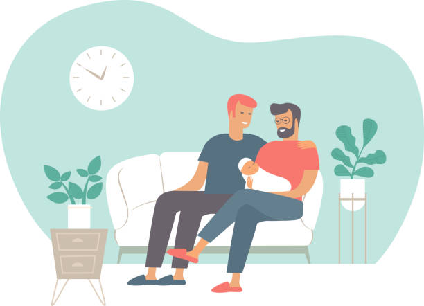 Gay or homosexual male couple with their baby at home. Gay or homosexual male couple with their baby at home. Flat vector illustration gay males stock illustrations