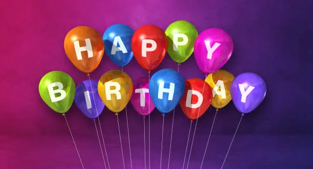 Colorful happy birthday air balloons on a purple background scene. Horizontal Banner. 3D illustration render