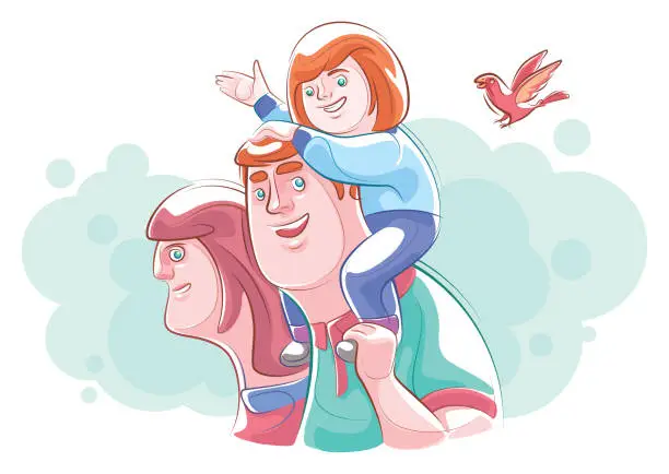 Vector illustration of cheerful girl with parents