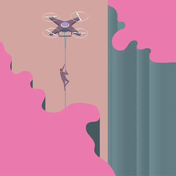 Vector illustration of A man was rescued by a helicopter drone in the canyon.