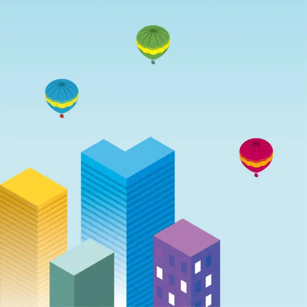 Vector illustration of Three hot air balloons floated over the city.