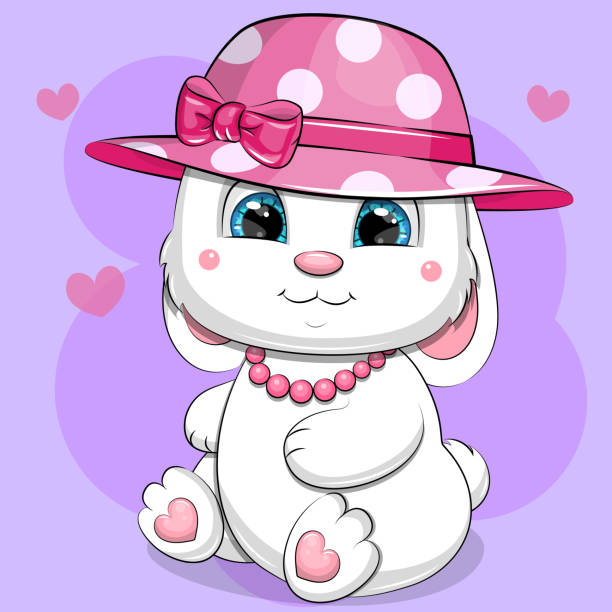 ilustraciones, imágenes clip art, dibujos animados e iconos de stock de lindo conejo blanco de dibujos animados en sombrero rosa y collar. - bunny girl