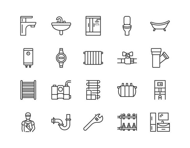 klempner-flachlinien-symbol-set. vektor-illustration wasserversorgung, kanalisation, heizung, engineering sanitär. bearbeitbare striche - faucet heat water water pipe stock-grafiken, -clipart, -cartoons und -symbole