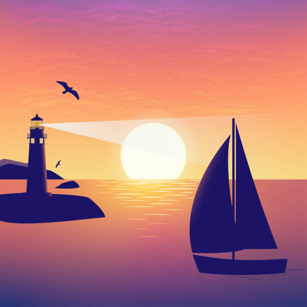 illustrations, cliparts, dessins animés et icônes de fond de paysage de nature du coucher du soleil ou du lever du soleil dans la mer - silhouette nautical vessel sea morning