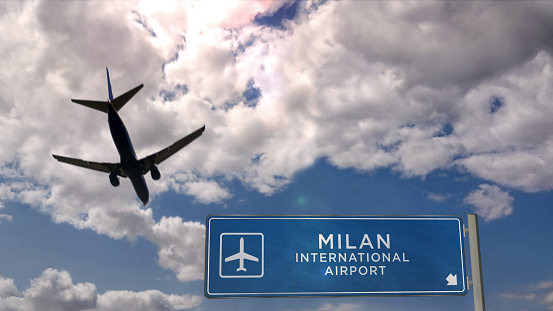 Airplane silhouette landing in Milan, Italy. City arrival with international airport direction signboard and blue sky in background. Travel, trip and transport concept 3d illustration.